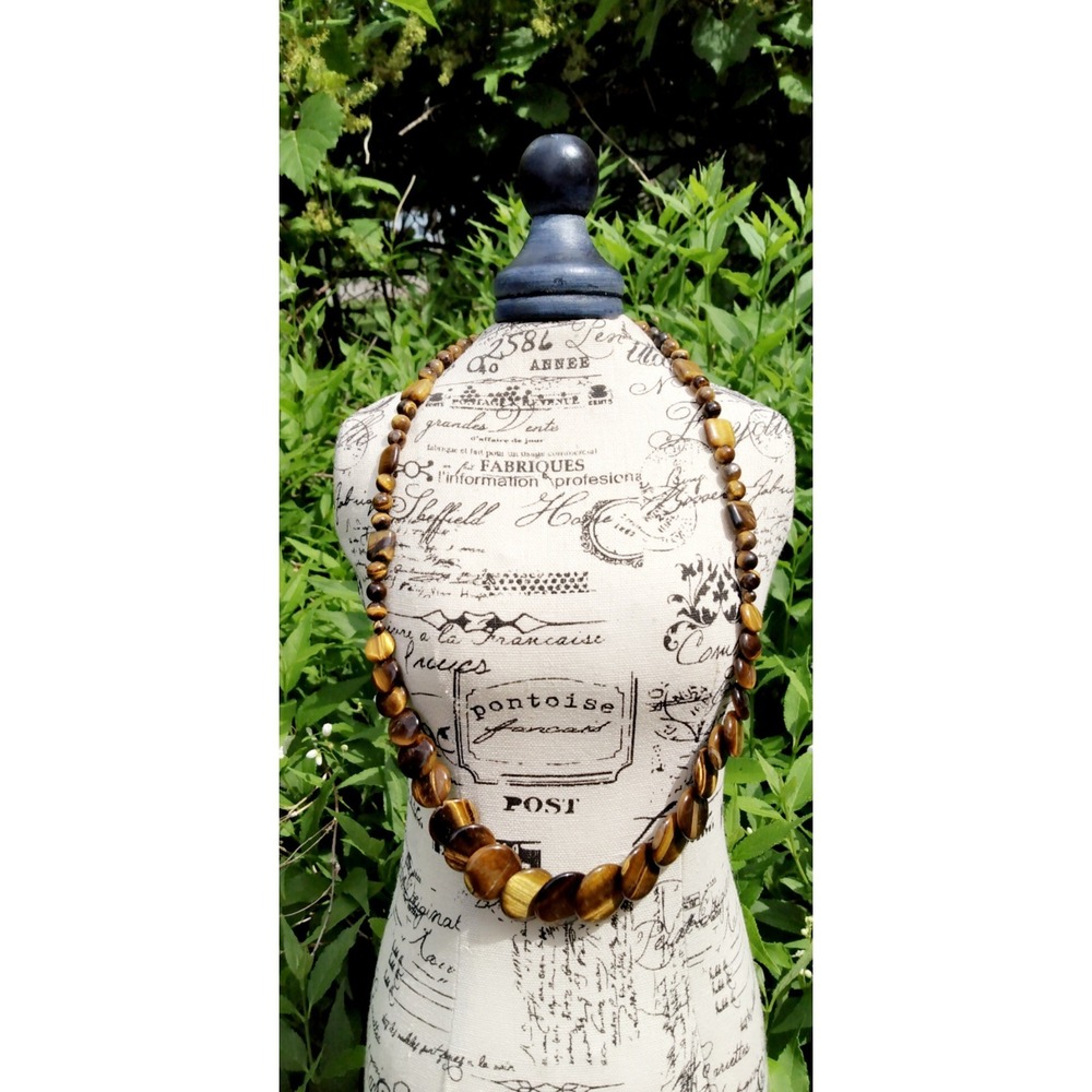 Natural Tigers Eye Beaded Statement Necklace Brown Gold Gemstone Toggle Clasp